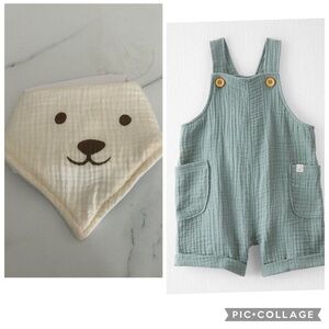 Baby boy Bundle! Baby Organic Cotton Gauze Shortalls  Carter’ + Bear 🐻 Bib